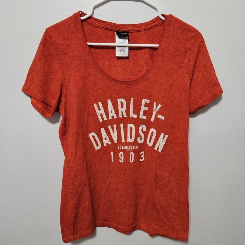 Harley Davidson Cajun Womens M Tee Scoop Neck Red Graphic Cap Sleeve Moto USA
